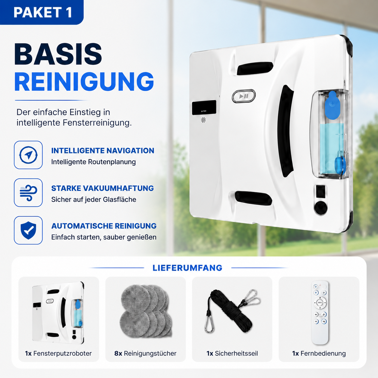 Automatische Fensterreinigung mit AI-Navigation, Ultraschall-Spray und sicherer Vakuumhaftung. Für Glasflächen, Balkontüren und große Fenster.