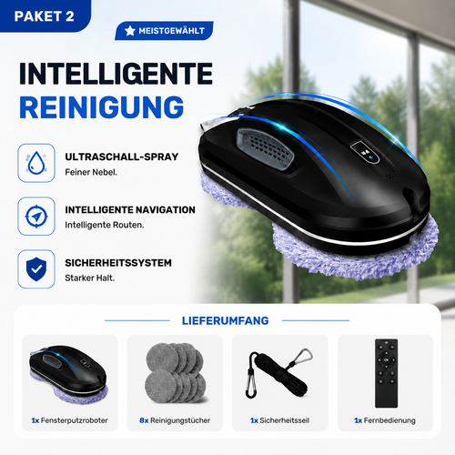 Automatische Fensterreinigung mit AI-Navigation, Ultraschall-Spray und sicherer Vakuumhaftung. Für Glasflächen, Balkontüren und große Fenster.