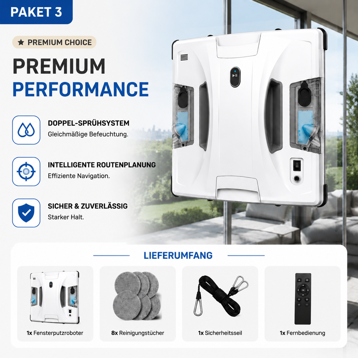 Automatische Fensterreinigung mit AI-Navigation, Ultraschall-Spray und sicherer Vakuumhaftung. Für Glasflächen, Balkontüren und große Fenster.