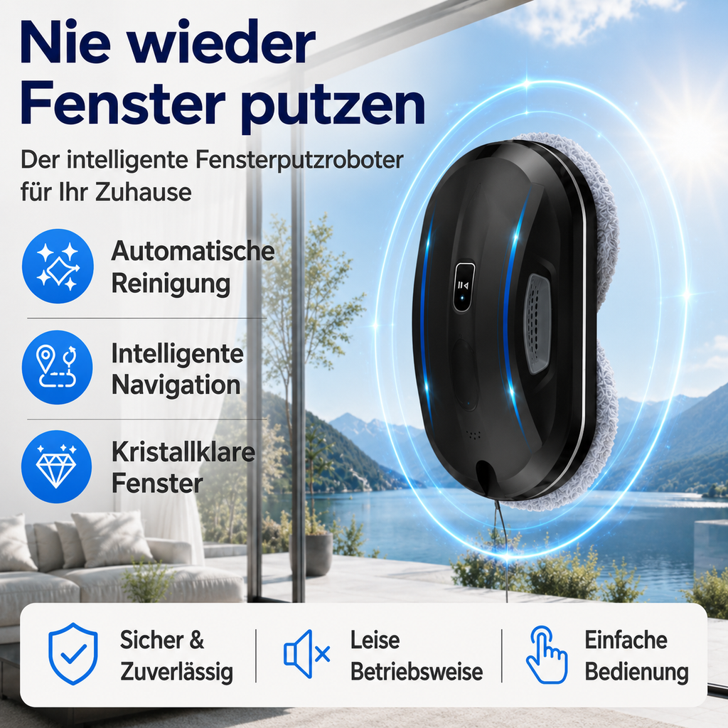 Automatische Fensterreinigung mit AI-Navigation, Ultraschall-Spray und sicherer Vakuumhaftung. Für Glasflächen, Balkontüren und große Fenster.
