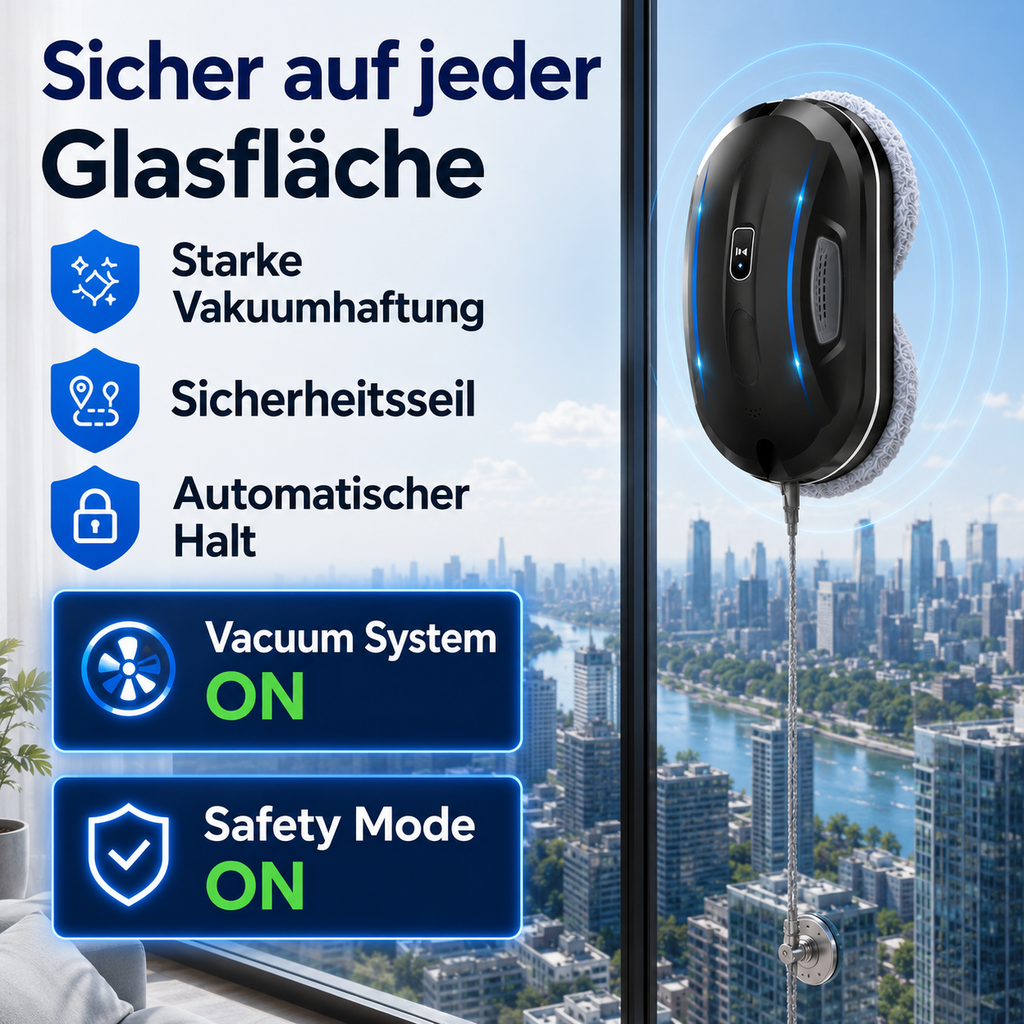 Automatische Fensterreinigung mit AI-Navigation, Ultraschall-Spray und sicherer Vakuumhaftung. Für Glasflächen, Balkontüren und große Fenster.