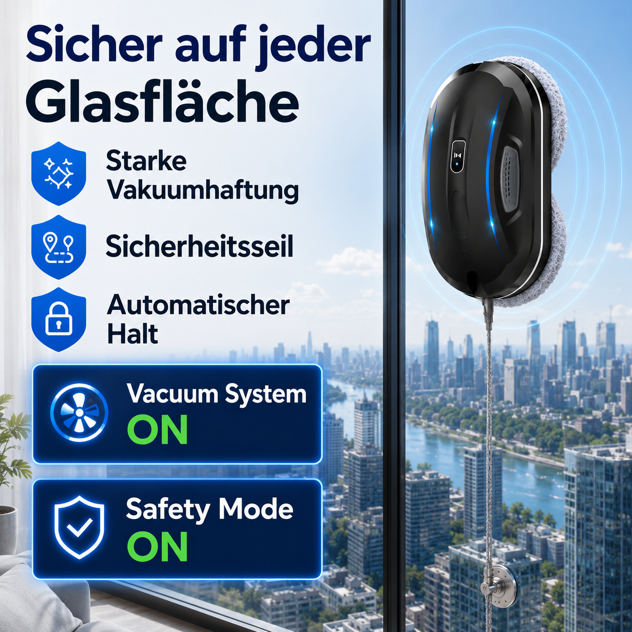 Automatische Fensterreinigung mit AI-Navigation, Ultraschall-Spray und sicherer Vakuumhaftung. Für Glasflächen, Balkontüren und große Fenster.