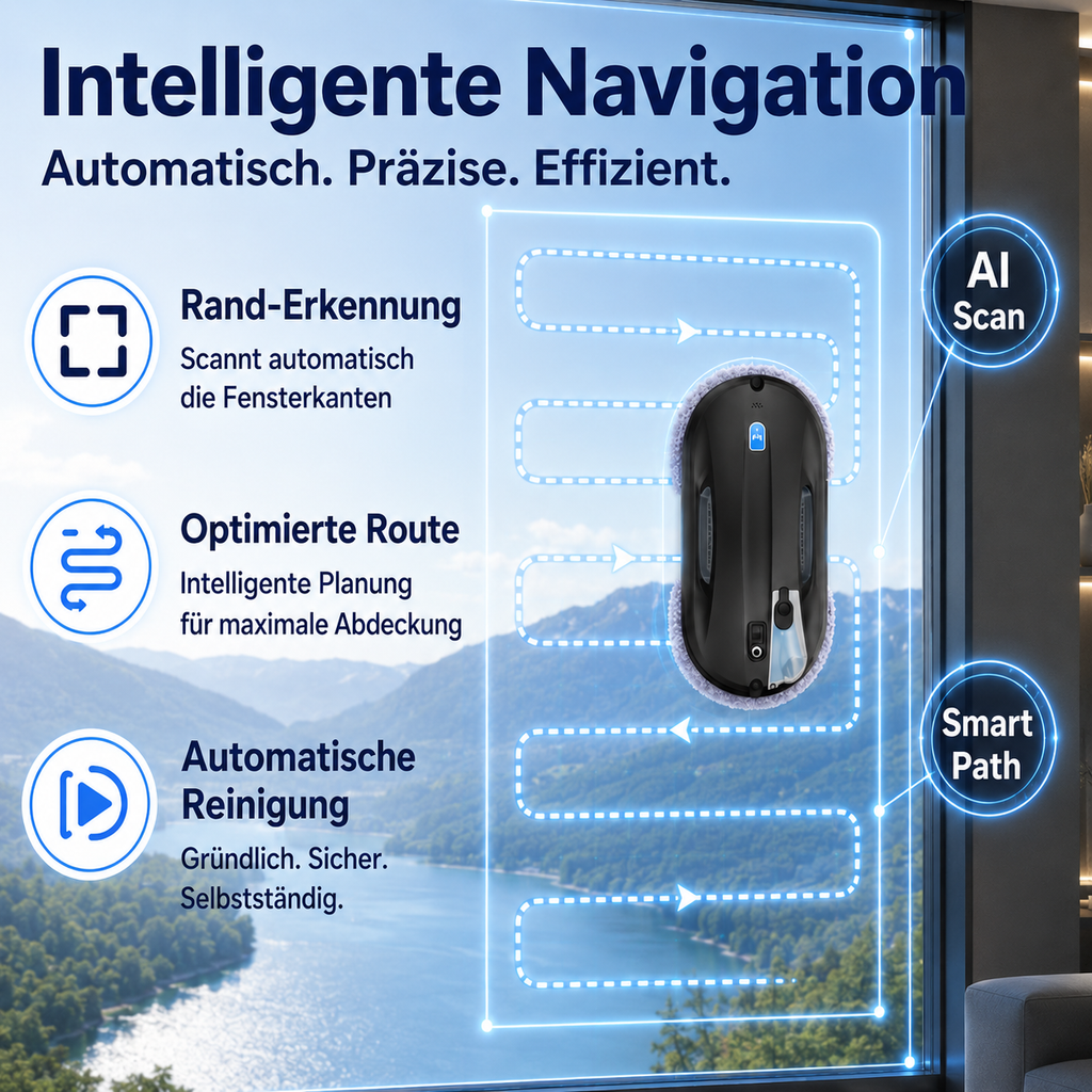 Automatische Fensterreinigung mit AI-Navigation, Ultraschall-Spray und sicherer Vakuumhaftung. Für Glasflächen, Balkontüren und große Fenster.
