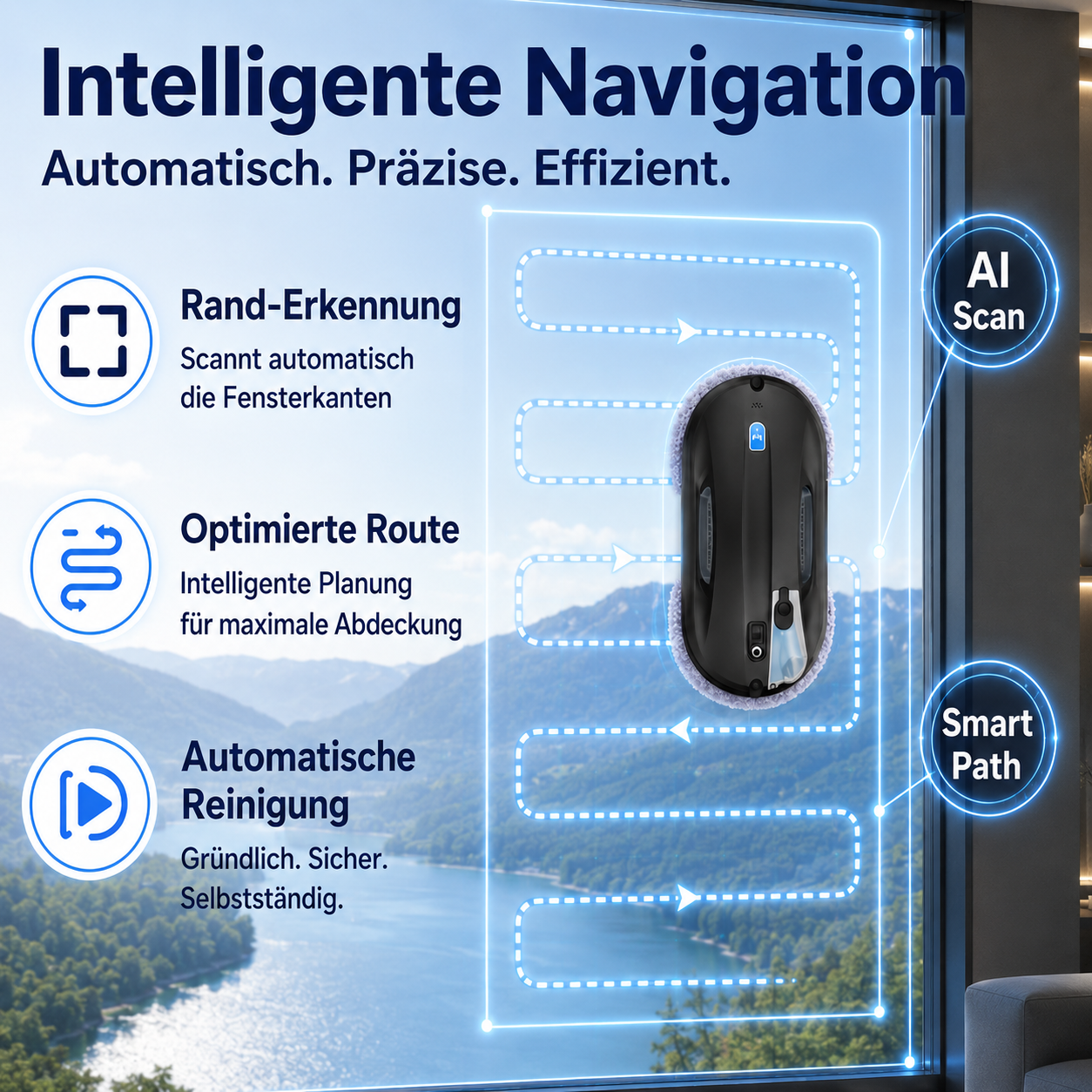 Automatische Fensterreinigung mit AI-Navigation, Ultraschall-Spray und sicherer Vakuumhaftung. Für Glasflächen, Balkontüren und große Fenster.